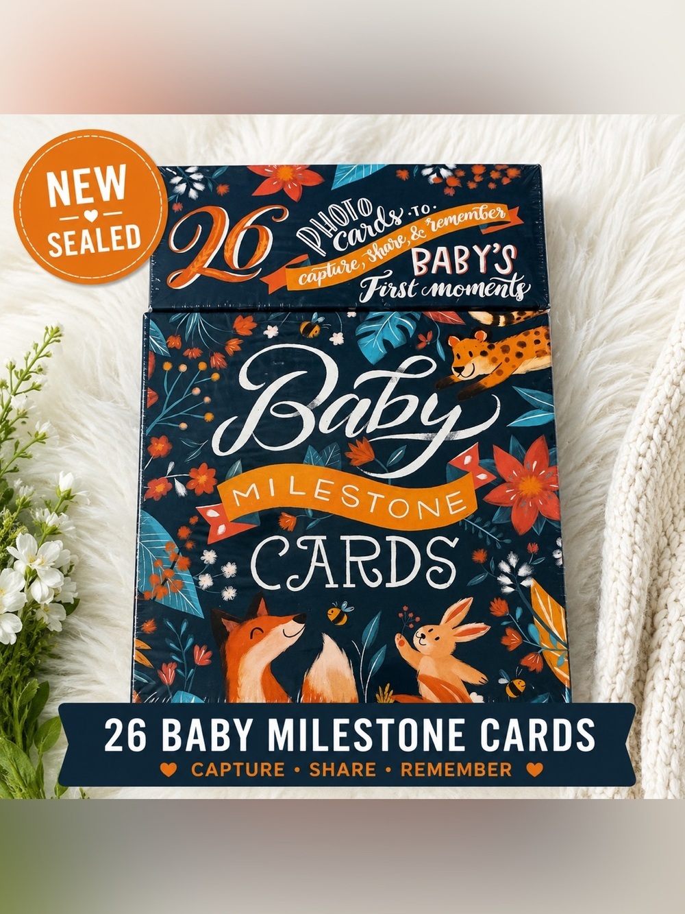 Baby Milestone Cards New Sealed 26 Photo Cards Woodland Animals Silver Dolphin
